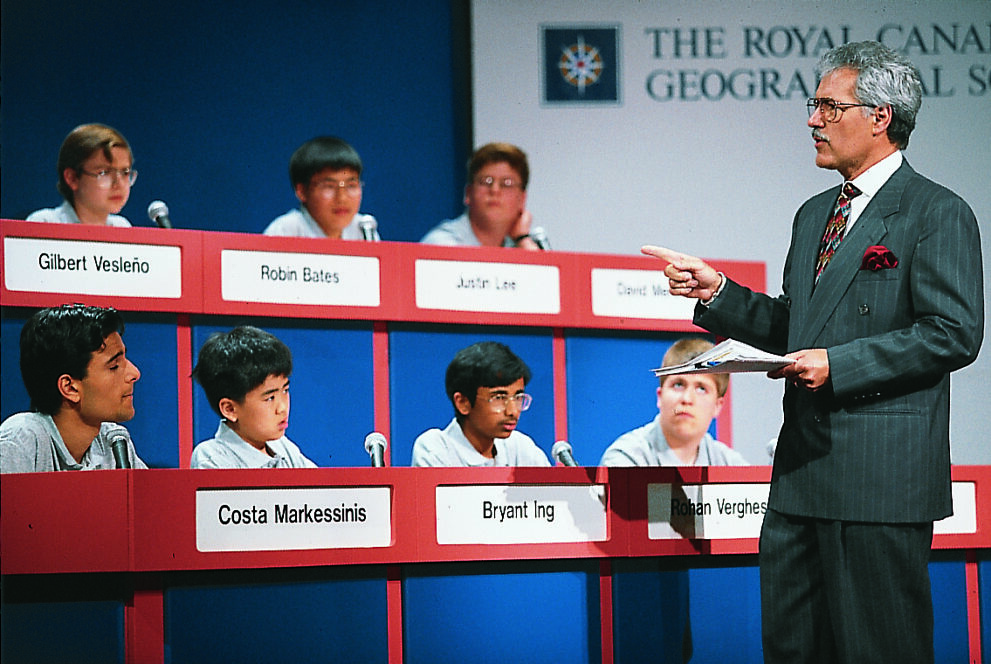 Alex Trebek speaks to competitors in the Great Canadian Geography Challenge.